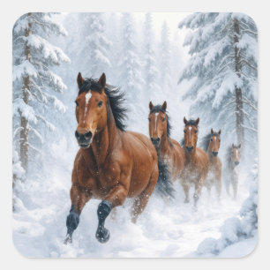 Adesivo Quadrado Cavalos Selvagens Correndo por uma Floresta Nevada
