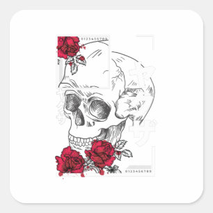 Adesivo Quadrado Caveira Com Flores - Design de Estilo Japonês Urba