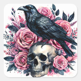 Adesivo Quadrado Caveira Com Rosas Rosa Aquarela