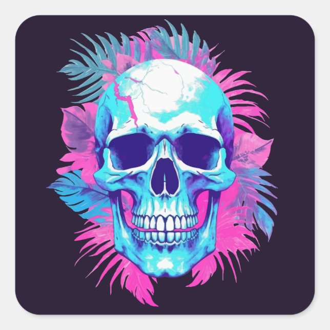 Adesivo Quadrado Caveira Floral no Estilo Vaporwave (Frente)