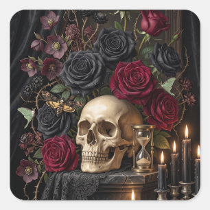 Adesivo Quadrado Caveira Gótica Rosas Pretas Halloween Vitoriano So