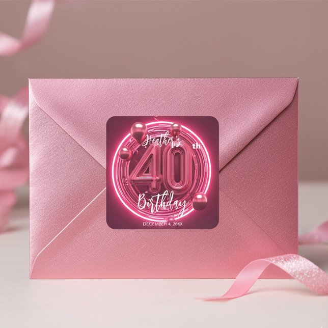Adesivo Quadrado Celebração de 40º Aniversário Rosa Neon Vibrante (Criador carregado)