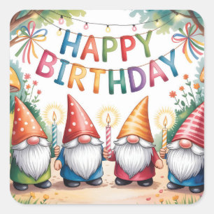 Adesivo Quadrado Celebração de Aniversário com um Grupo de Gnomos d