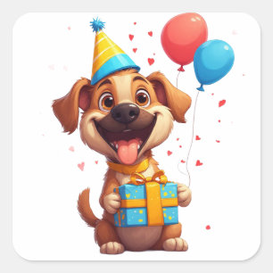 Adesivo Quadrado 🎂 Celebração de Aniversário de Cachorro Fofo Com