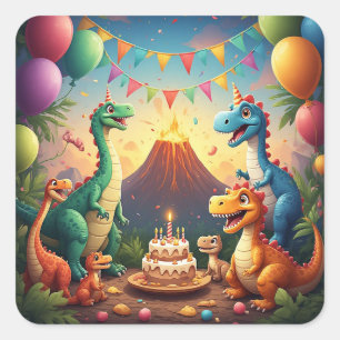 Adesivo Quadrado 🎈 Celebração de Aniversário de Dinossauro da Selv
