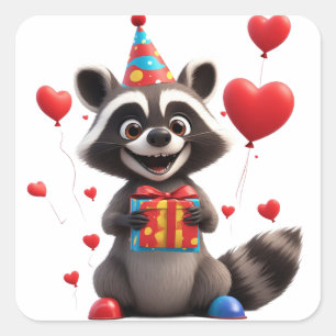 Adesivo Quadrado 🎂 Celebração de Aniversário de Guaxinim Adorável