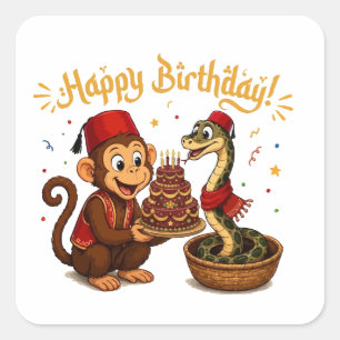Adesivo Quadrado Celebração de Aniversário de Macaco Engraçado e Co