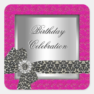 Adesivo Quadrado Celebração de Aniversário Rosa Quente Prata Leopar