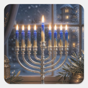 Adesivo Quadrado Celebração de Hanukkah à Luz de Velas