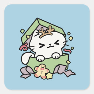 Adesivo Quadrado Celebração de Natal com Gato de Tempo Puro