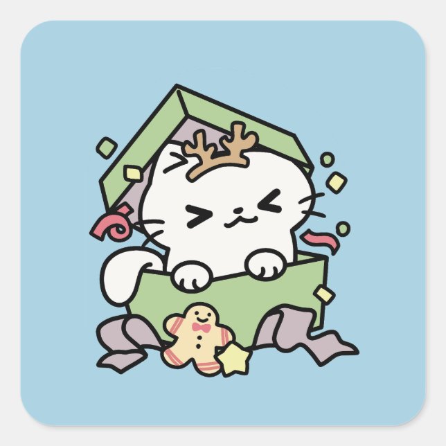 Adesivo Quadrado Celebração de Natal com Gato de Tempo Puro (Frente)