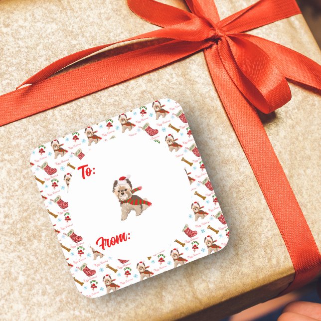 Adesivo Quadrado Celebração De Natal Com O Padrão Yorkie (Criador carregado)