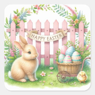 Adesivo Quadrado Celebração de páscoas com Bunny e Pintinho