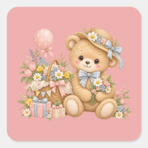 Adesivo Quadrado Celebração do Urso de Pelúcia Vintage com Flores S