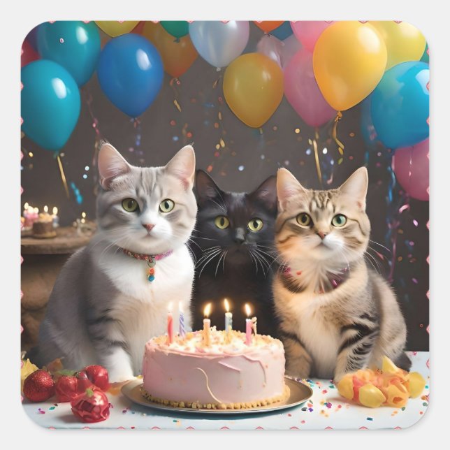 Adesivo Quadrado Celebração Pura: Festa de aniversário de Gato, (Frente)