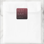 Adesivo Quadrado Celebratory Maroon Modern Wedding Sticker<br><div class="desc">This wedding sticker features a modern, minimalist design with a gradient background transitioning from deep maroon to black. The phrase "BEST DAY ever" is prominently displayed in bold, uppercase sans-serif letters paired with an elegant cursive script for the word "ever, " creating a striking contrast against the dark backdrop. The...</div>
