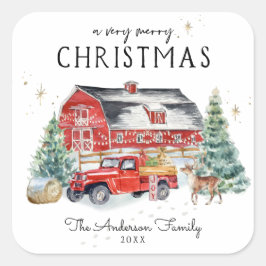 Adesivo Quadrado Celeiro Rústico de Inverno Caminhão Vintage Vermel