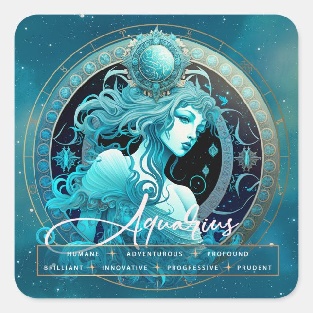 Adesivo Quadrado Celestial Aquarius Fantasy Script Eteal Zodiac (Frente)