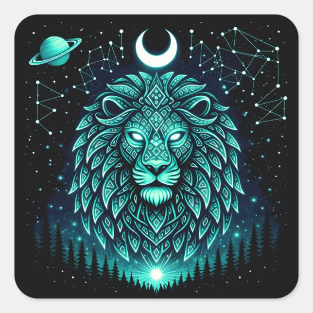 Adesivo Quadrado Celestial Lion – Cosmic King Wildlife Galaxy (Frente)