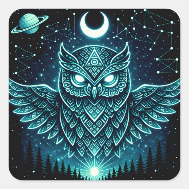 Adesivo Quadrado Celestial Owl – Cosmic Wisdom Wildlife Galaxy (Frente)