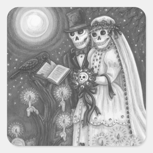 ADESIVO QUADRADO CEMETERY VOWS, SKELETON WEDDING, BRIDE E GROOM (Frente)