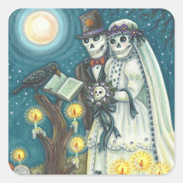 ADESIVO QUADRADO CEMETERY VOWS, SKELETON WEDDING, BRIDE E GROOM (Frente)