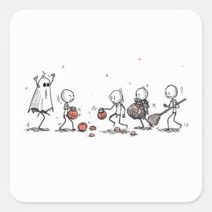 Adesivo Quadrado Cena Adorável de Halloween com Figuras de Palito