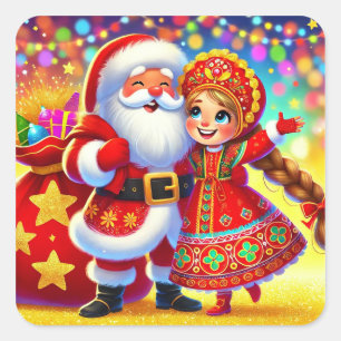 Adesivo Quadrado Cena Alegre de Natal com o Papai Noel
