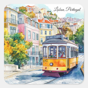 Adesivo Quadrado Cena Colorida de um Velho Bonde em Lisboa Portugal