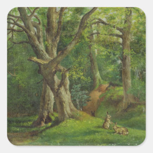 Adesivo Quadrado Cena com coelhos, 1862 da floresta (óleo em