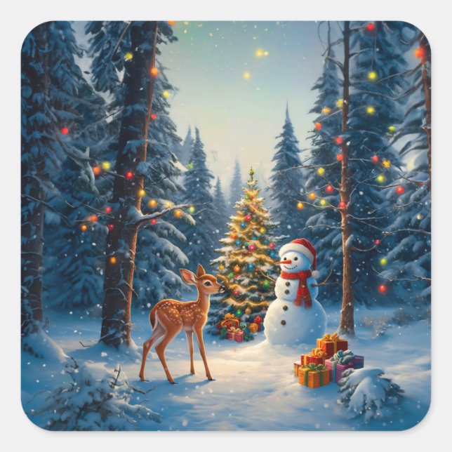 Adesivo Quadrado Cena da Árvore de Natal Fofo Deer Fawn Snowman (Frente)