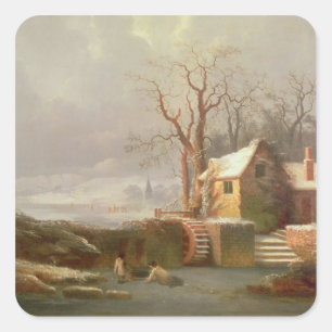 Adesivo Quadrado Cena da neve com moinho e casas de campo