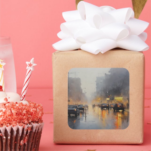 Adesivo Quadrado Cena de Chuva da Noite Urbana (Festa)