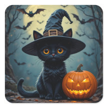Cena de Halloween com Gatinho Preto Fofo e Chapéu 