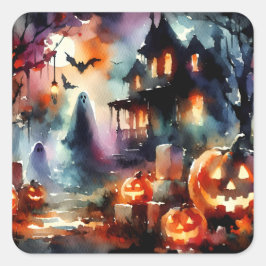 Adesivo Quadrado Cena de Halloween em Aquarela Casa Fantasmas Abóbo