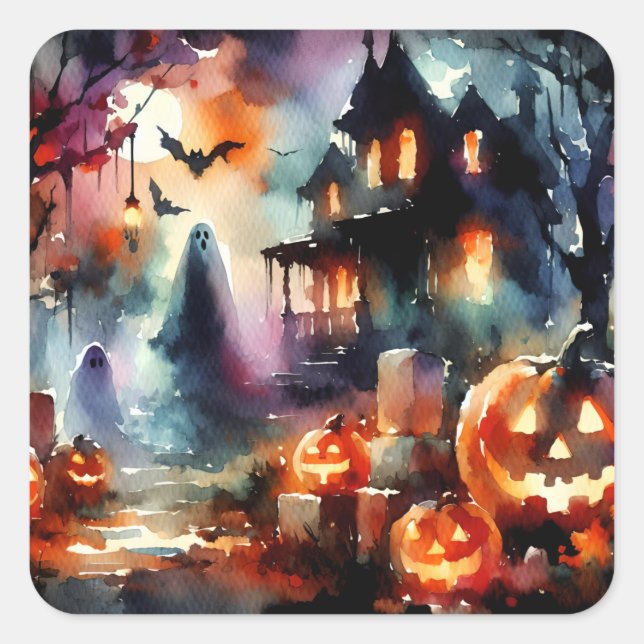 Adesivo Quadrado Cena de Halloween em Aquarela Casa Fantasmas Abóbo (Frente)