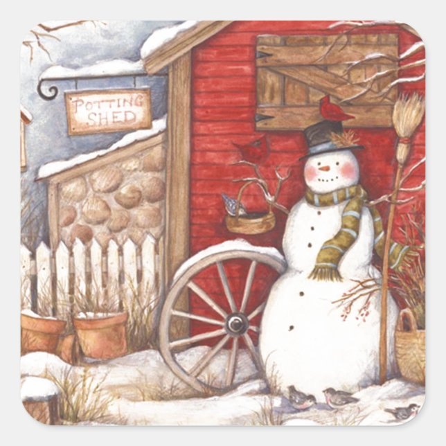 Adesivo Quadrado Cena de inverno Rustic Snowman (Frente)