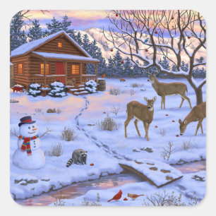 Adesivo Quadrado Cena De Natal Da Cabina De Inverno