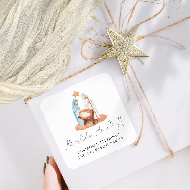 Adesivo Quadrado Cena de Natividade Simples Tudo É Nome Calmo (Mary Joseph  and Baby Jesus Manger All Is Calm Nativity Scene Christmas Gift Stickers)