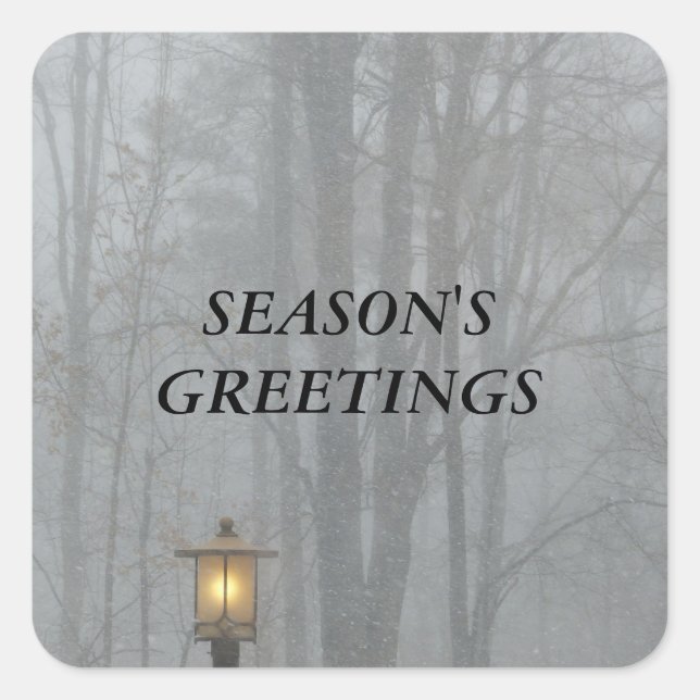 Adesivo Quadrado Cena de Neve com Lâmpada de Rua Velha Brilhante (Frente)