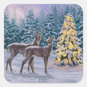 Adesivo Quadrado Cena de Neve e Árvore de Natal Bonito