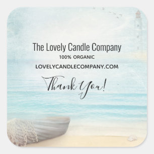 Adesivo Quadrado Cena de praia costeira com um negócio de barcos d