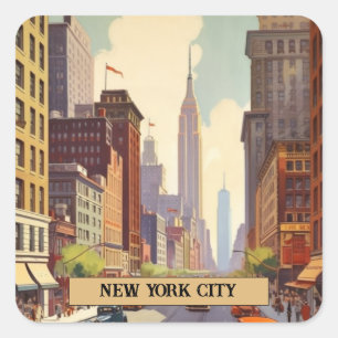 Adesivo Quadrado Cena de Rua Vintage da Cidade de Nova York com Tex