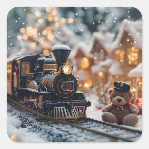 Adesivo Quadrado Cena de Trem de Natal Mágico com Urso de Teddy
