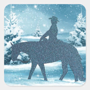 Adesivo Quadrado Cena ocidental da neve do inverno do cavalo da