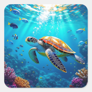 Adesivo Quadrado Cena Subaquática Colorida de Tartaruga Marinha