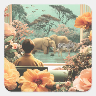 Adesivo Quadrado Cena Surrealista de Safari com Elefantes Zebras