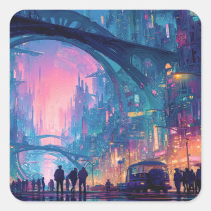 Adesivo Quadrado Cenário Urbano Futurista Cyberpunk com Arcos Ilumi
