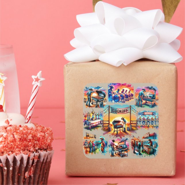 Adesivo Quadrado Cenas de Cookoff de CHURRASCO de Cowboy Ocidental  (Festa)