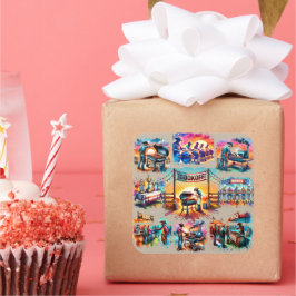 Adesivo Quadrado Cenas de Cookoff de CHURRASCO de Cowboy Ocidental